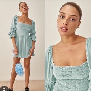 [M] BNWT Reformation Albi Dress In Turquoise Velvet Ruffle Sleeve Mini Dress